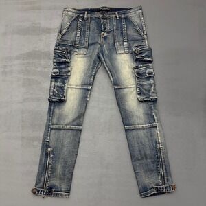 Valabasas Fighter Skinny Cargo Jeans Blue Distressed Slim Fit Moto Denim 36